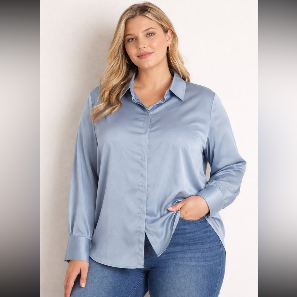 H&M Blue Satin Button Front Long Sleeve Blouse - Size XL